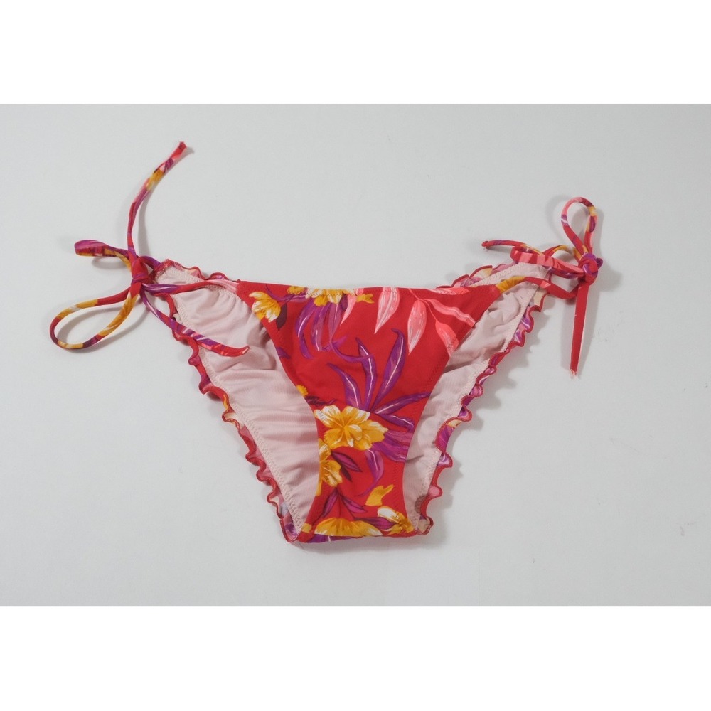 Shade & Shore Bikini Bottom Womens S Red Floral Side Tie Ruffle Ruched Swimwear